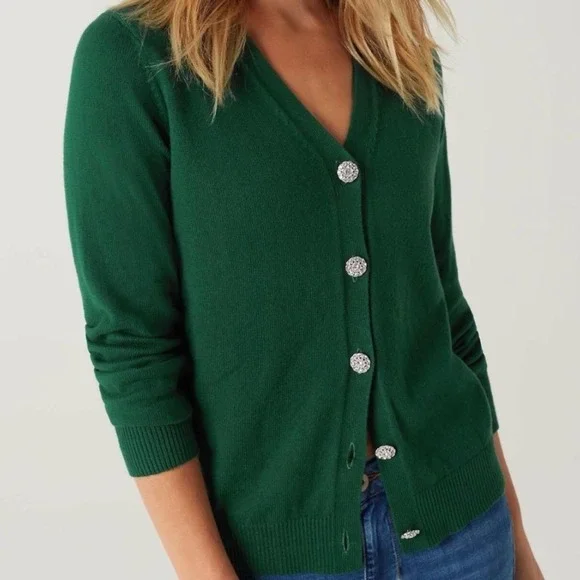 J Jill Boxwood Bejeweled Button Cardigan Sweater Green Cotton Blend Medium NEW - Picture 2 of 11